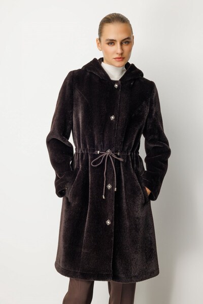 Ekol Drawstring Plush Coat Brown 06077