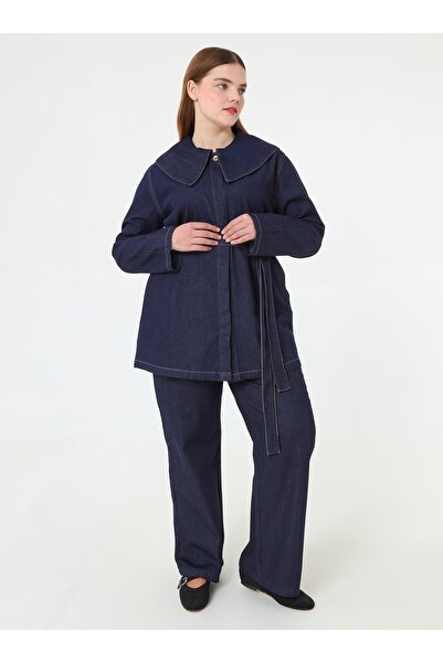 ALİA Denim Bebe Yaka Detaylı Büyük Beden Tunik - Koyu Lacivert -