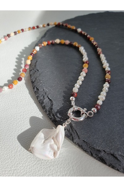 Abundo Necklace made of mocaite, cultured pearls and Mallorcan pearl with 925 silver, 54 cm
