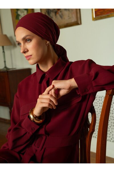 Refka Belted Shirt Tunic and Wide Leg Pants Two-Piece Set - Burgundy -