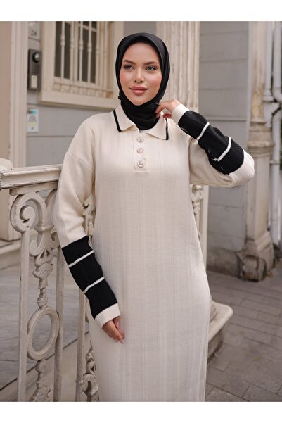 SAHRA BUTİK Front Buttoned Knit Dress - Ecru -