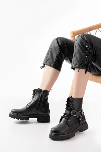 Aymood 508-3038 Black Buckle Accessory Zippered Daily Women's Boots