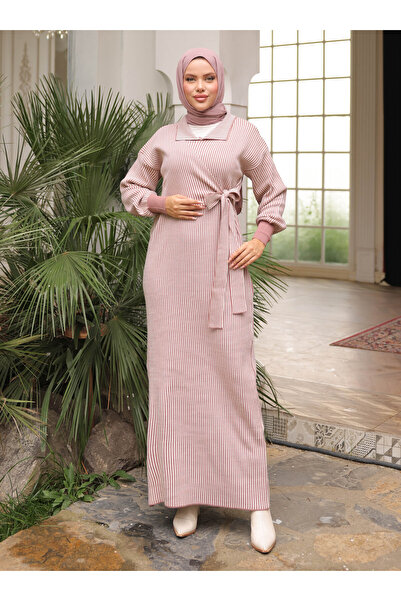 SAHRA BUTİK فستان تريكو مخطط برباط ياندان - وردي -