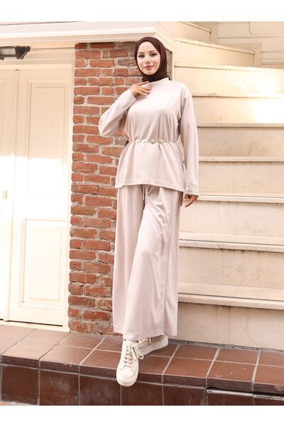 VAV Slitted Blouse and Pants Set - Stone Color -