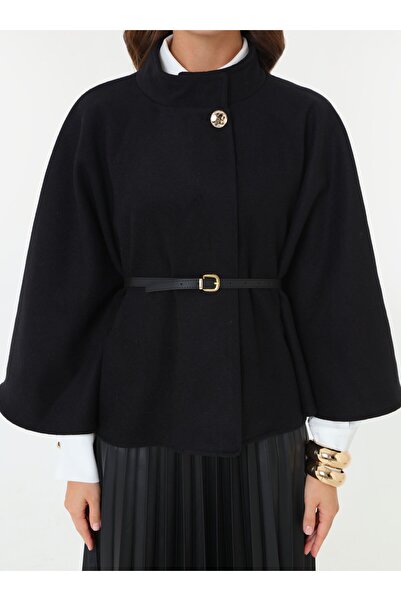 Refka Leather Belted Gold Buttoned Cape Coat - Black -
