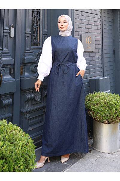 VAV Popplin Garnished Denim Dress - Navy Blue -