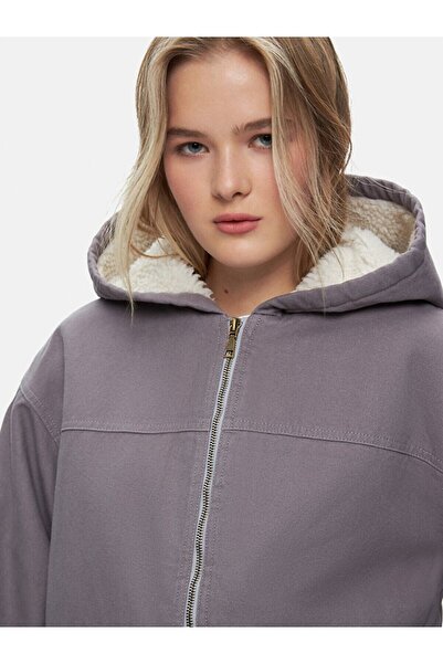 Ltb Μακρυμάνικο με κουκούλα βελούδινο μωβ μπουφάν
