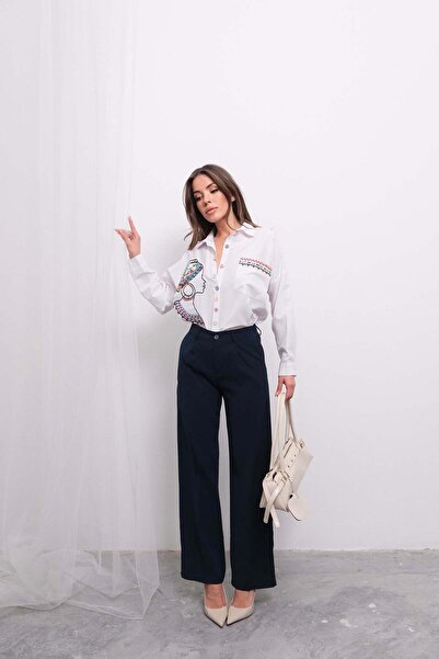 Hatun Atila Зручні брюки-палаццо з високою талією, еластичною стрічкою ззаду та складками 4315 - Синій