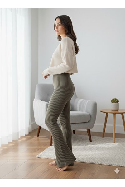 FAMESTEKSTİL Women's Khaki Ribbed Tights