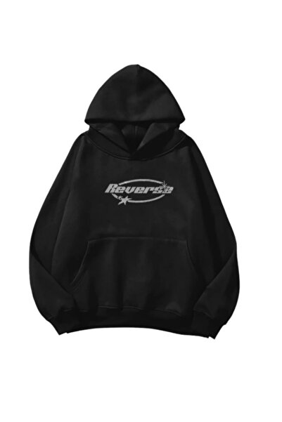 MOONBULL Women's Reverse Stone Printed Oversized Kangaroo Pocket Hooded Sweatshirt