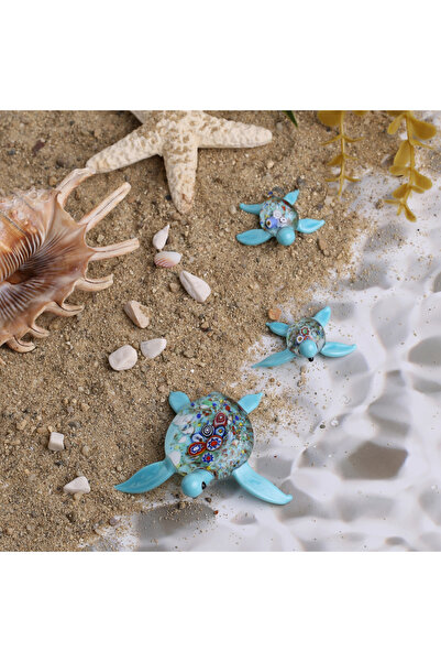 ADAMODART Caretta Deniz Kaplumbağası Millefiori Cam Biblo 3'lü Set - Deniz Te...