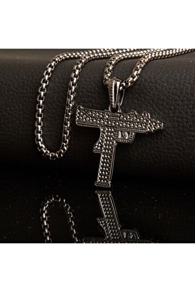 HD POSTER Uzi Figürlü Füme Renk Erkek Çelik Kolye