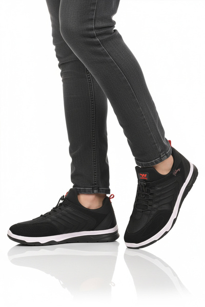 WALKWAY Black Red Elastic Lace-Up Lightweight Flexible Men's Sports Shoes Dong 2534 m