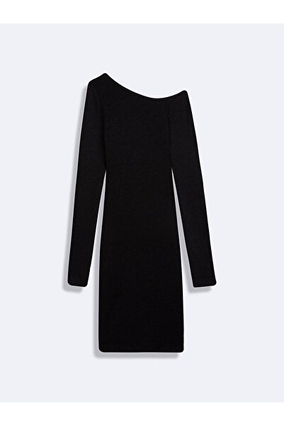 Ltb Long Sleeve Asymmetrical Neckline Black Dress