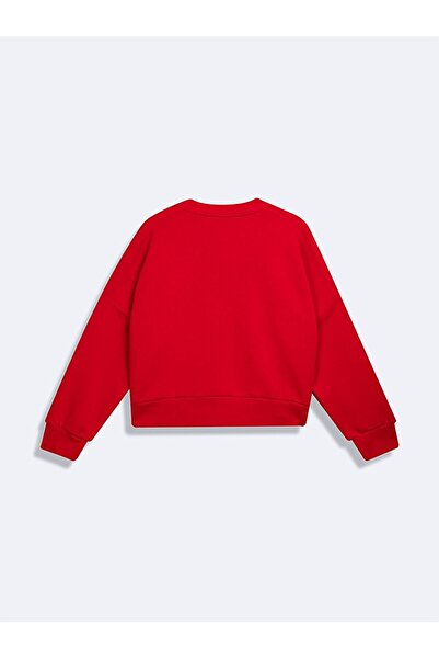 Ltb Long Sleeve Crew Neck Slogan Printed Red Sweatshirt