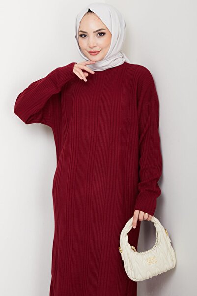 hafsamina Corded Fabric Knitwear Dress Burgundy Hm2247
