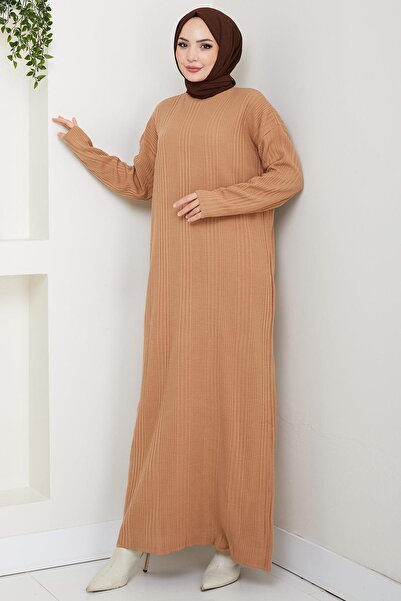 hafsamina Corded Fabric Knitwear Dress Camel Hm2247