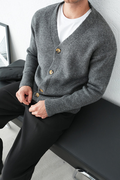 İLKCET MODA Чоловічий антрацитовий оверсайз преміум трикотажний кардиган