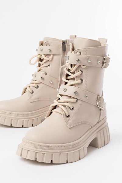 Aymood 842-03 Beige Lace-Up Thick Sole Lace-Up Zippered Casual Women's Boots