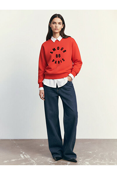 Ltb Long Sleeve Crew Neck Slogan Printed Red Sweatshirt