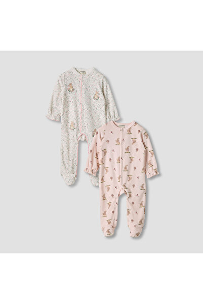 Juniors طقم نوم مخملي بطبعة أرنب وأقدام مغلقة مع زر للإغلاق - قطعتان