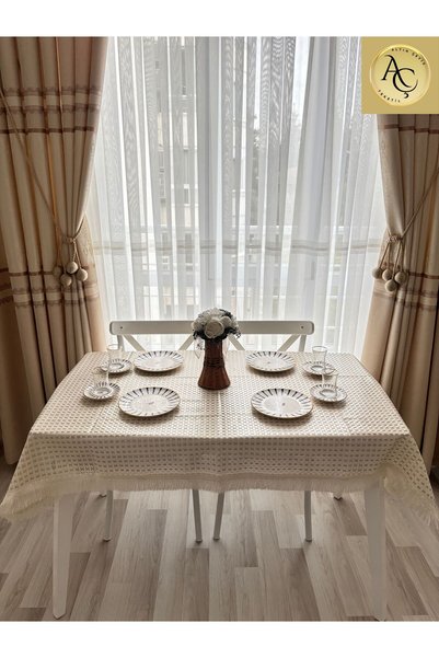 Altın Çeyiz Tekstil - Tablecloth Seamless Fabric - Cream & Gray Square Pattern – Tasseled – Stain Resistant