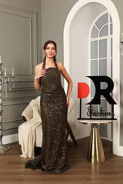 Dr Fashion Olive green evening dress decorated with sequins