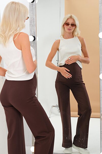 BUSA Maternity Wide Leg Jersey Pants with Adjustable High Waist Band Dark Brown