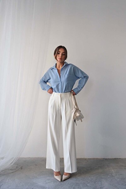 Hatun Atila Широкі штани з високою талією, золотими ґудзиками та подвійними манжетами 4317 - білі