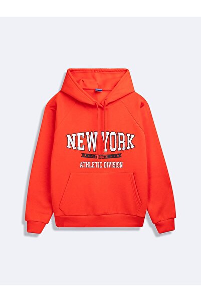 Ltb Long Sleeve Slogan Printed Hooded Red Sweatshirt