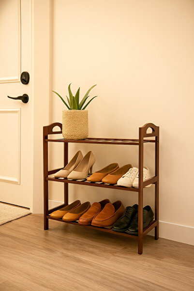 MARIA HOMES رف أحذية خشبي بثلاث طبقات باللون البني الداكن - منظم صغير الحجم ل...