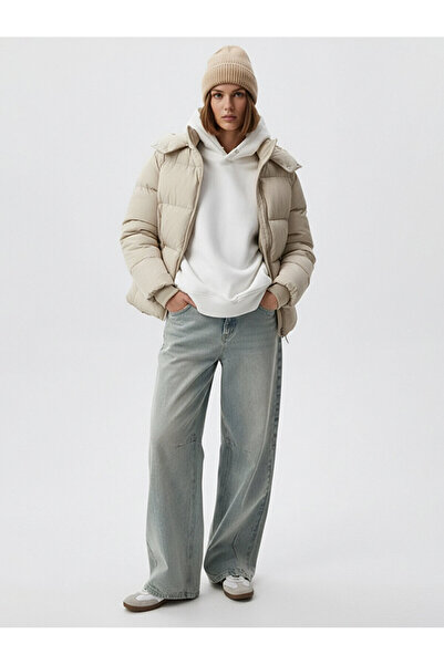 Ltb Hooded Zippered Puffer Beige Coat