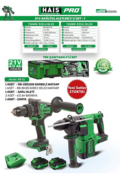 Hais HaisPro Akülü Set - 2'li Profesyonel 21V Akülü Set + 2X4 Ah Çift Akü - RB-02