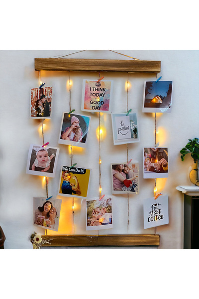 onehediye Kişiye Özel 12 Fotoğraflı Mandallı Jüt İpli 3 Mt Led Işıklı Masif Ahşap Fotoğraf Askısı