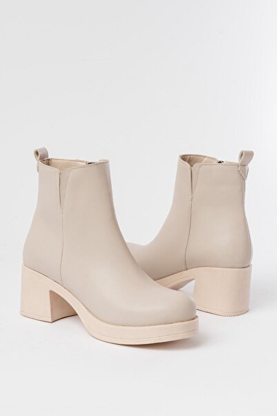 Aymood 5109-3057 Beige Elastic Zippered Thick Heeled Daily Women's Boots