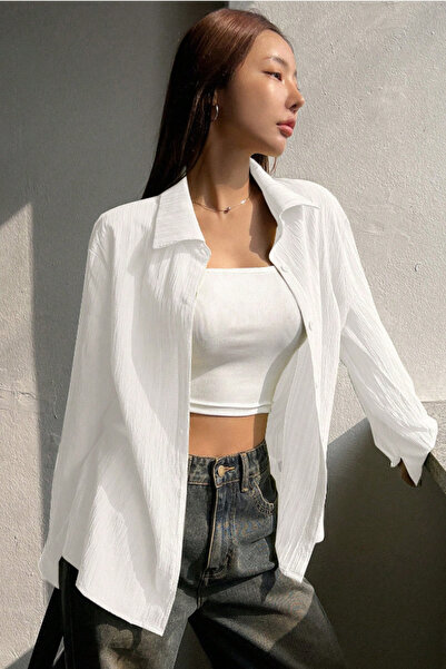 Tarz Cool Women's Oversized Wide Cut Wrinkle Detail Long Sleeve Textured White Shirt