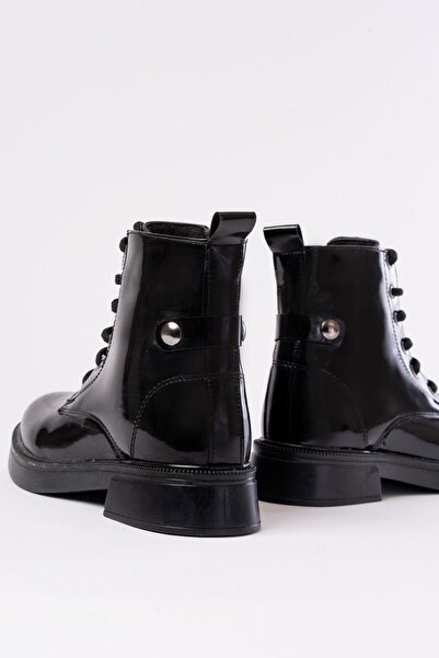 Aymood 02-2003 Cizme de zi cu zi pentru femei, cu șireturi, din piele lacuită neagră