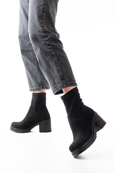 Aymood 767-3040 Black Suede Daily Thick Heeled Women's Boots