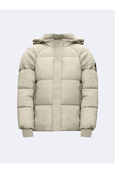 Ltb Hooded Zippered Puffer Beige Coat