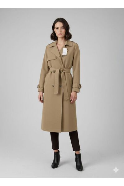 QUAWEAR Lined Medium Length Trench Coat with Belted Epaulettes