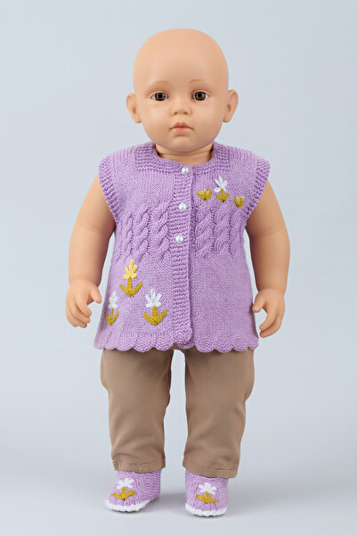 SENSSTEKSTİL Hand Knitted Baby Vest and Booties Set – Red Floral Pattern 🌼