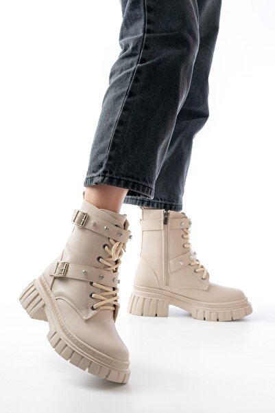 Aymood 842-03 Beige Lace-Up Thick Sole Lace-Up Zippered Casual Women's Boots