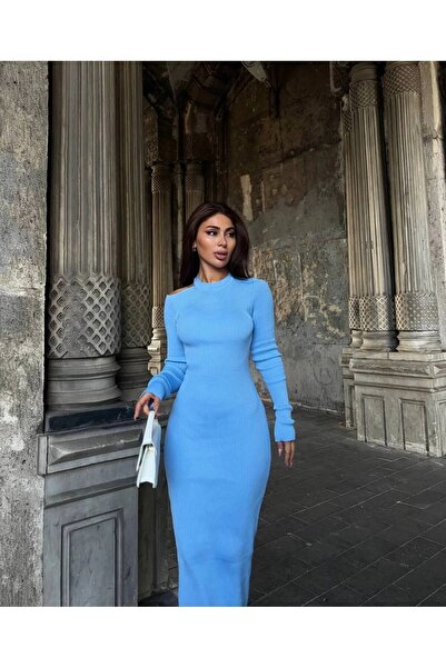 solena sln Rochie de tricotat cu mâneci lungi pentru femei, lungime maxi, cu detaliu pe umeri