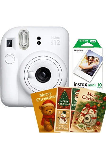 Fujifilm Instax Mini 12 Clay White instant camera with 1x10 mini film and 3 greeting cards