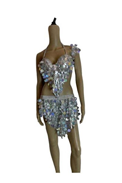 Generic زي رقص شرقي من قطعتين مع ترتر ثلاثي الأبعاد وتفاصيل على الكتف للنساء