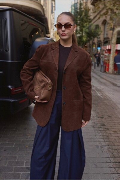 BRTC design Дамско яке от суед с джобове и горчив кафеен цвят