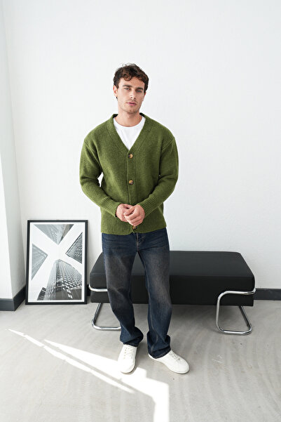 İLKCET MODA Men's Khaki Oversized Premium Knitwear Cardigan