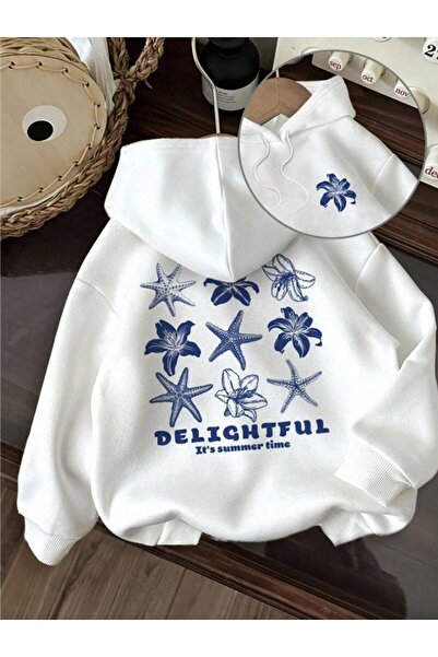 Le Savu سترة رائعة ذات مطبوع جيوب كانجارو بغطاء رأس باللون الأبيض