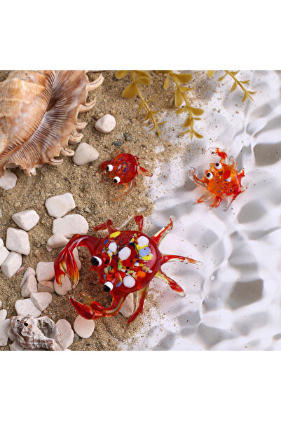 ADAMODART Kırmızı Yengeç Dekoratif Cam Biblo 3'lü Set - Deniz Temalı Hediye