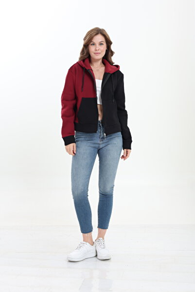 Tight Lady Puff 3-Thread Fleece Inside Asymmetric Color Block Belted Zippered Cardigan